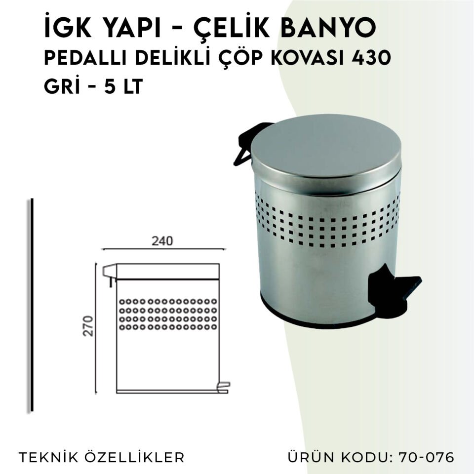 İGK YAPI - Çelik Banyo Pedallı Delikli Çöp Kovası 5lt 430 (70-076)
