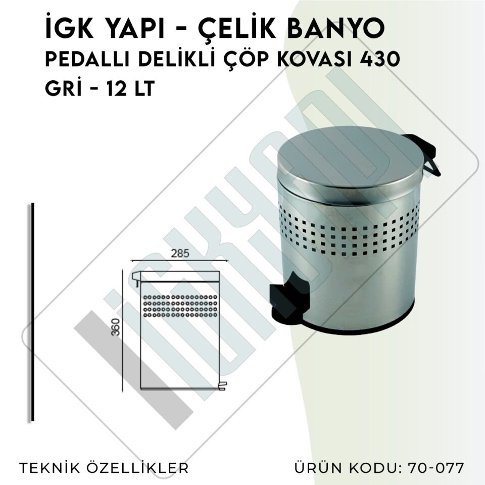 İGK YAPI - Çelik Banyo Pedallı Delikli Çöp Kovası 12lt 430 (70-077)