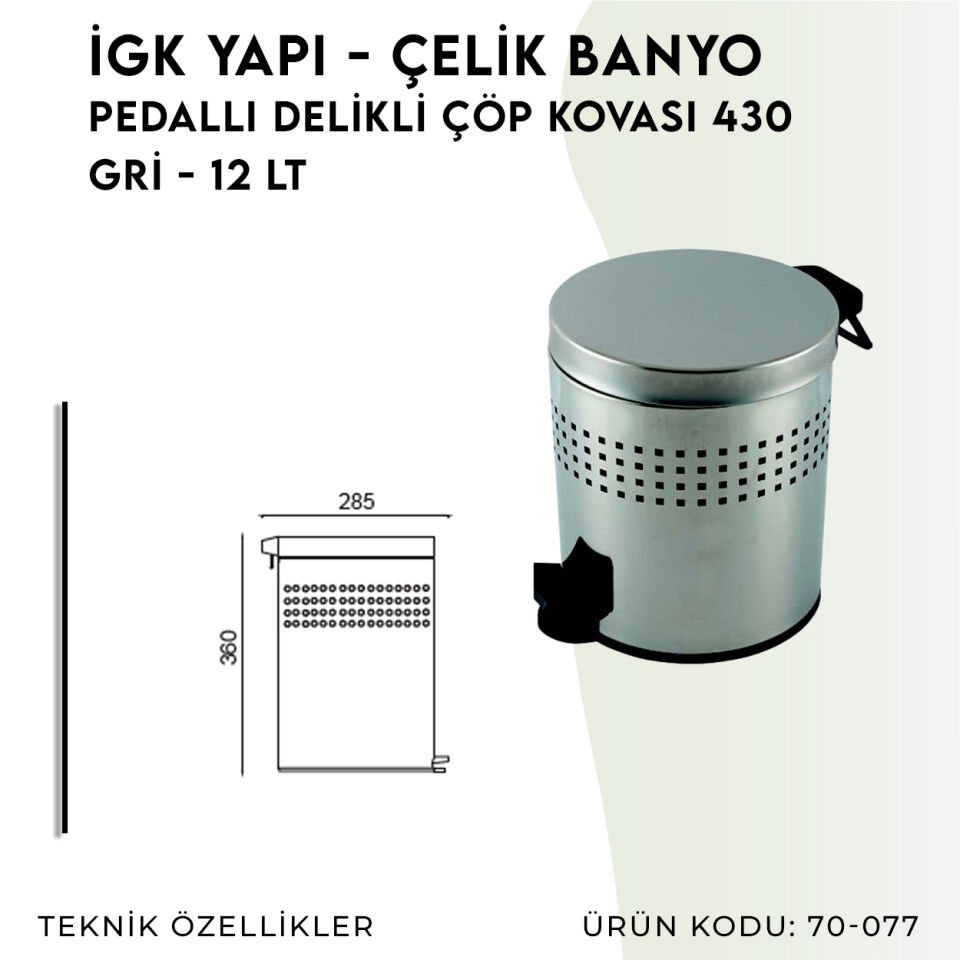 İGK YAPI - Çelik Banyo Pedallı Delikli Çöp Kovası 12lt 430 (70-077)