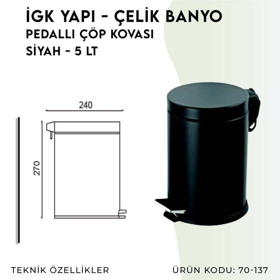 İGK YAPI - Çelik Banyo Pedallı Çöp Kovası 5lt Siyah (70-137)