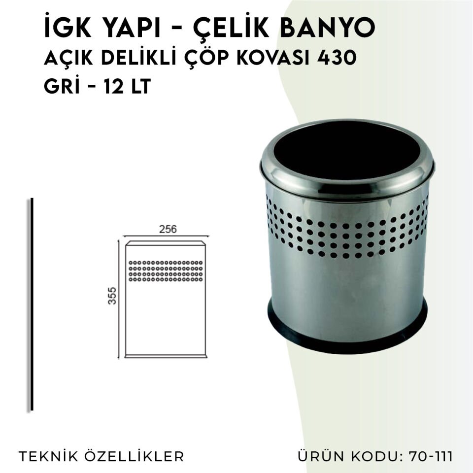 İGK YAPI - Çelik Banyo Açık Delikli Çöp Kovası 12lt Gri (70-111)