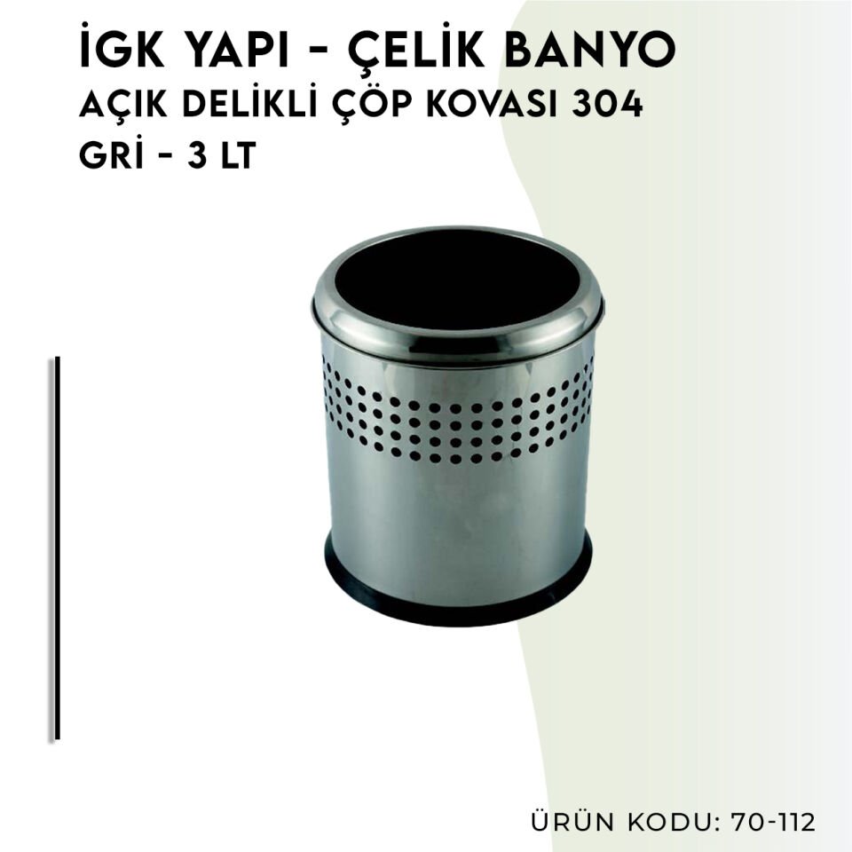 İGK YAPI - Çelik Banyo Açık Delikli Çöp Kovası 3lt Gri (70-112)