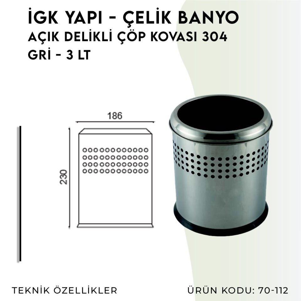 İGK YAPI - Çelik Banyo Açık Delikli Çöp Kovası 3lt Gri (70-112)