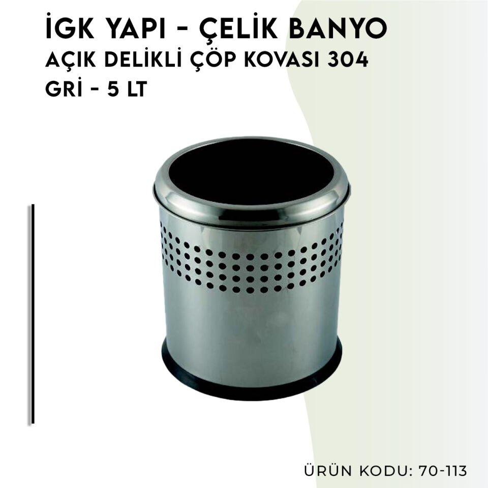 İGK YAPI - Çelik Banyo Açık Delikli Çöp Kovası 5lt Gri (70-113)