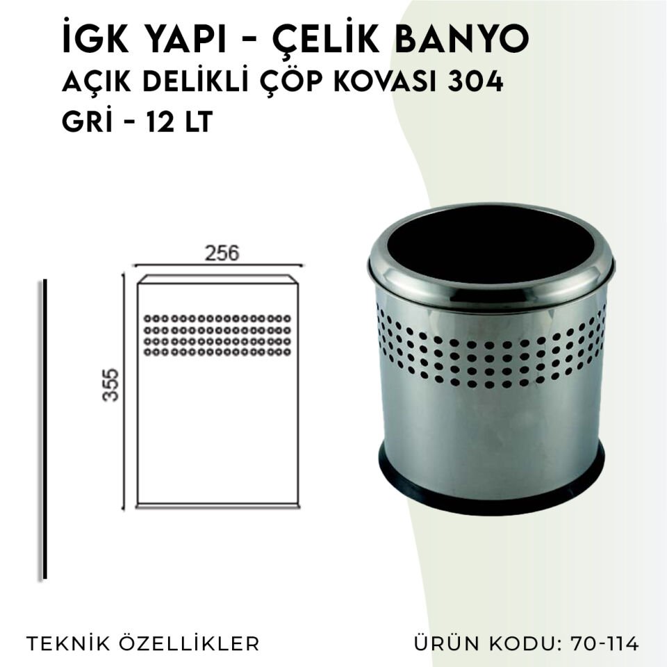 İGK YAPI - Çelik Banyo Açık Delikli Çöp Kovası 12lt Gri (70-114)