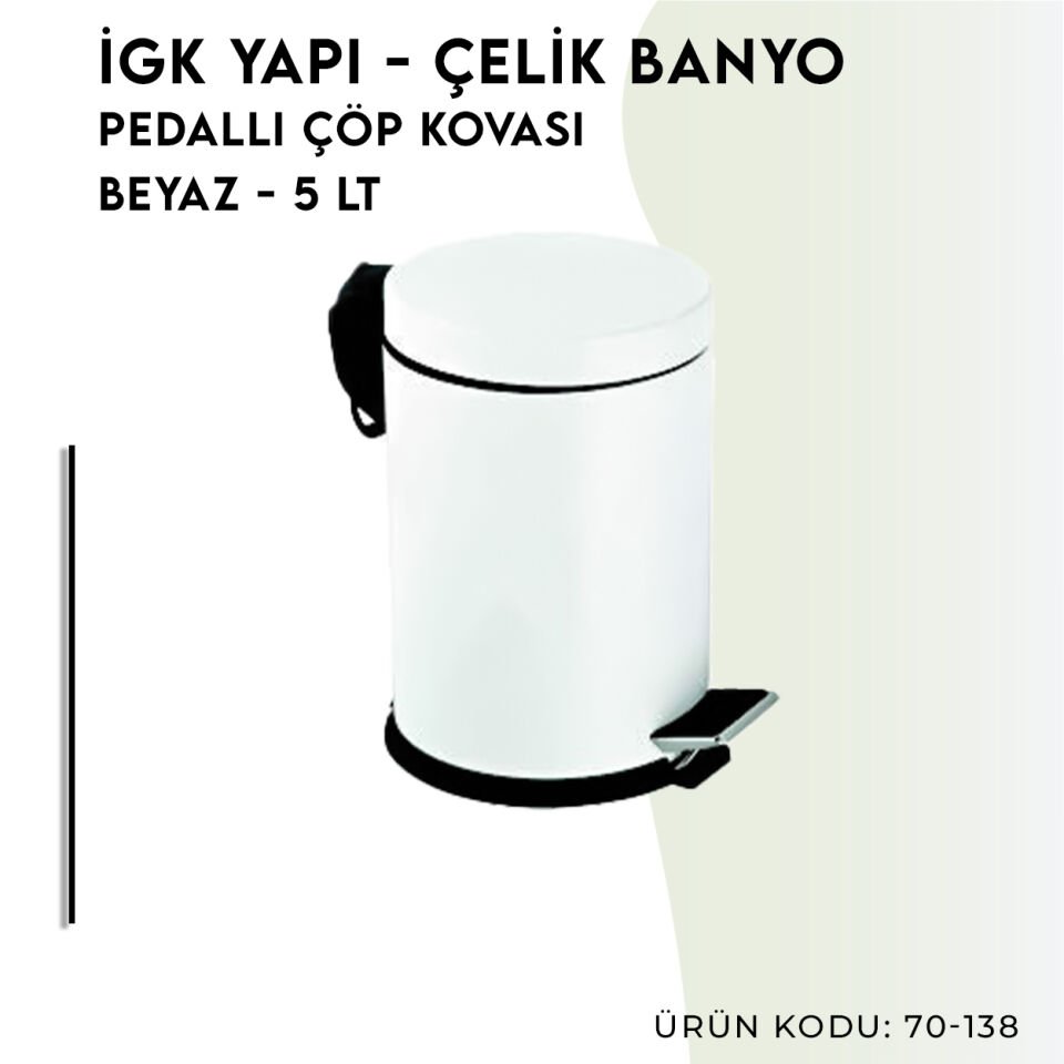 İGK YAPI - Çelik Banyo Pedallı Çöp Kovası 5lt Beyaz (70-138)