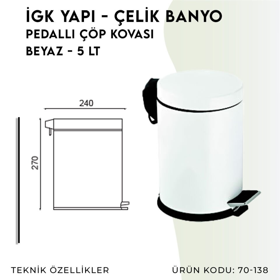 İGK YAPI - Çelik Banyo Pedallı Çöp Kovası 5lt Beyaz (70-138)