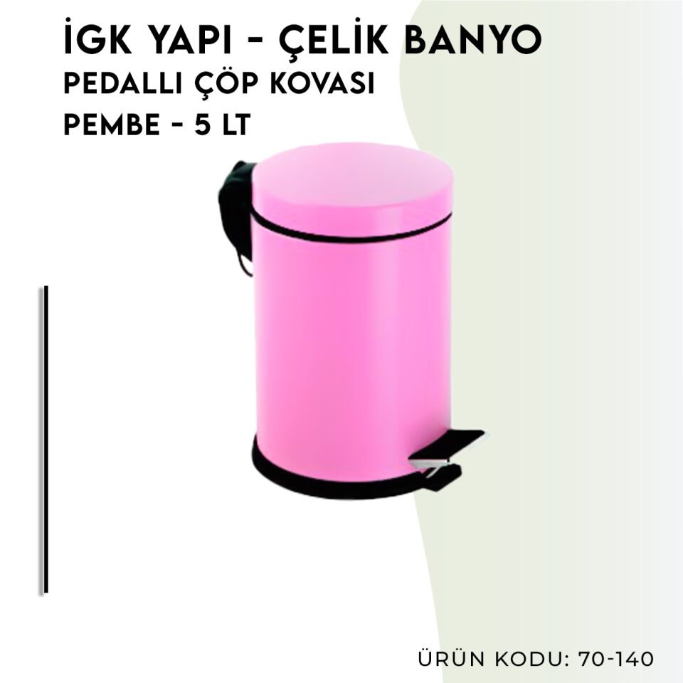 İGK YAPI - Çelik Banyo Pedallı Çöp Kovası 5lt Pembe (70-140)