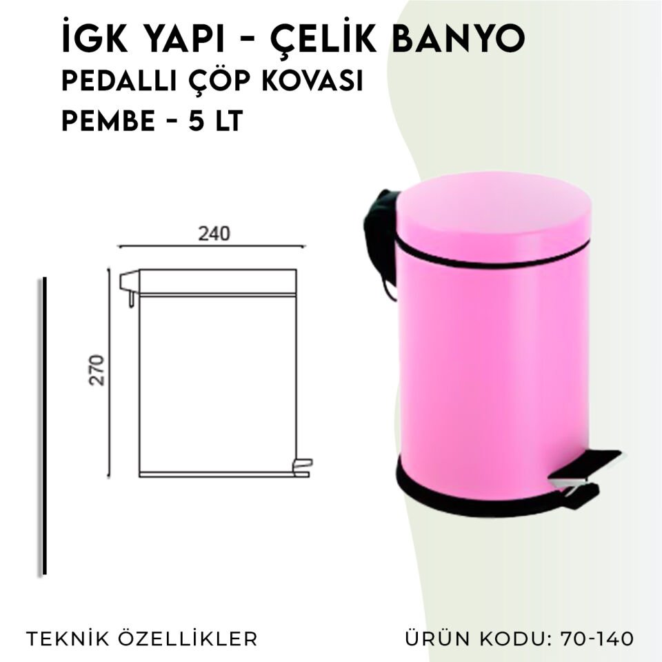 İGK YAPI - Çelik Banyo Pedallı Çöp Kovası 5lt Pembe (70-140)