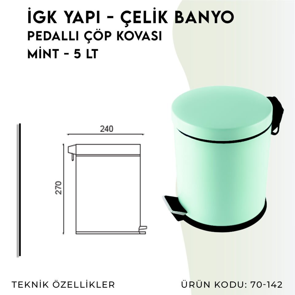 İGK YAPI - Çelik Banyo Pedallı Çöp Kovası 5lt Mind (70-142)