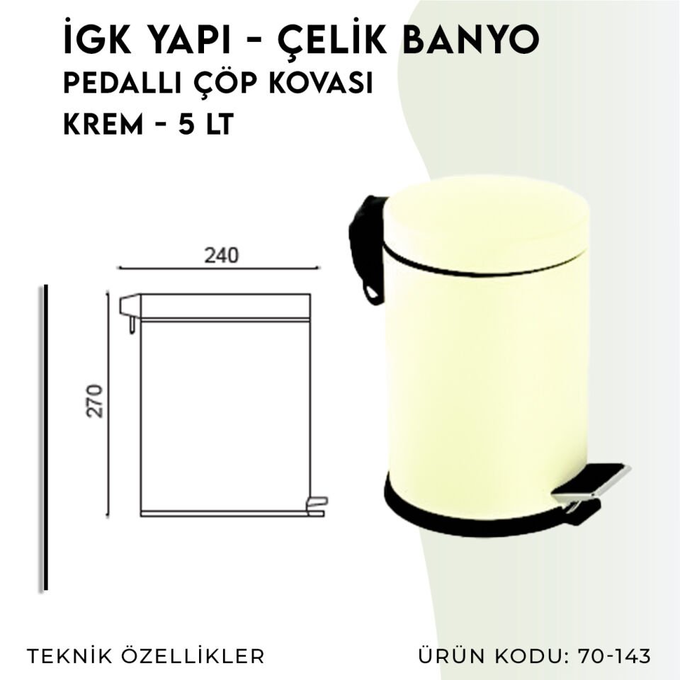 İGK YAPI - Çelik Banyo Pedallı Çöp Kovası 5lt Krem (70-143)