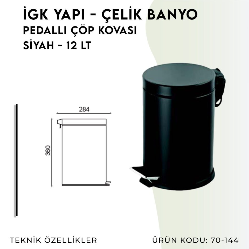 İGK YAPI - Çelik Banyo Pedallı Çöp Kovası 12lt Siyah (70-144)