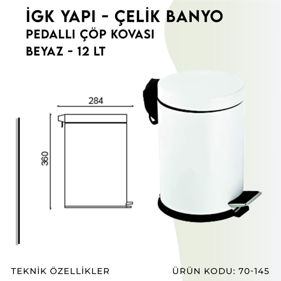 İGK YAPI - Çelik Banyo Pedallı Çöp Kovası 12lt Beyaz (70-145)