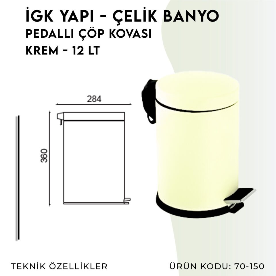 İGK YAPI - Çelik Banyo Pedallı Çöp Kovası 12lt Krem (70-150)