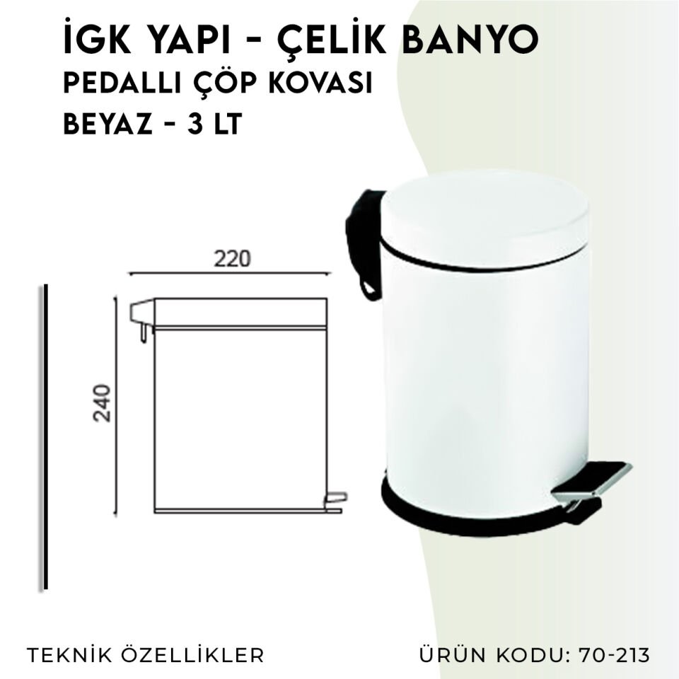 İGK YAPI - Çelik Banyo Pedallı Çöp Kovası 3lt Beyaz (70-213)