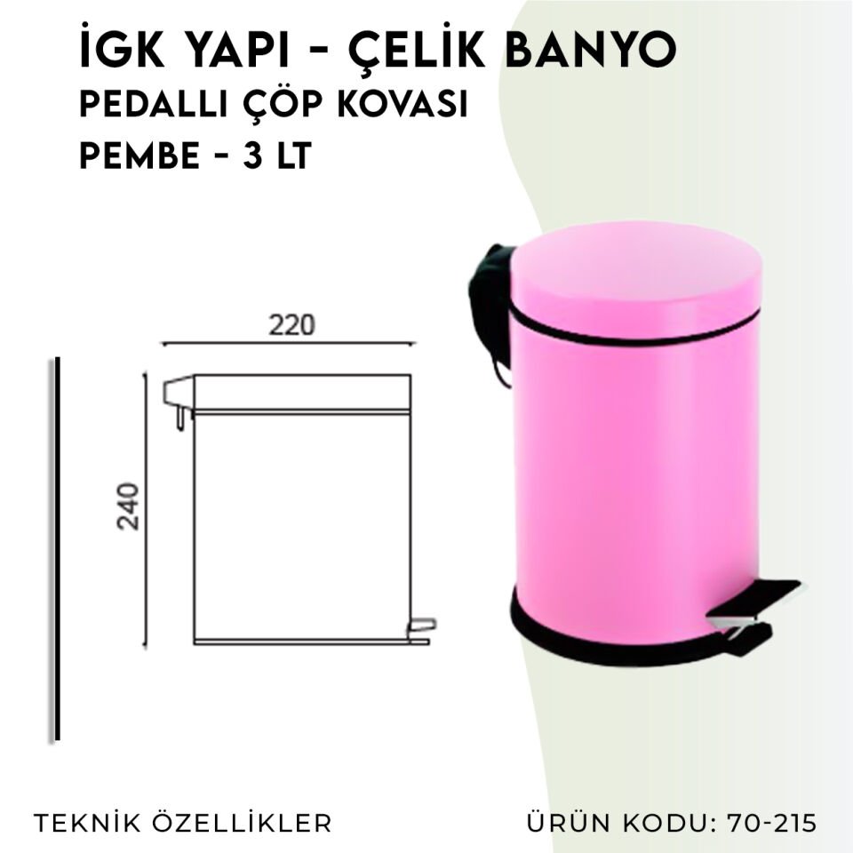İGK YAPI - Çelik Banyo Pedallı Çöp Kovası 3lt Pembe (70-215)