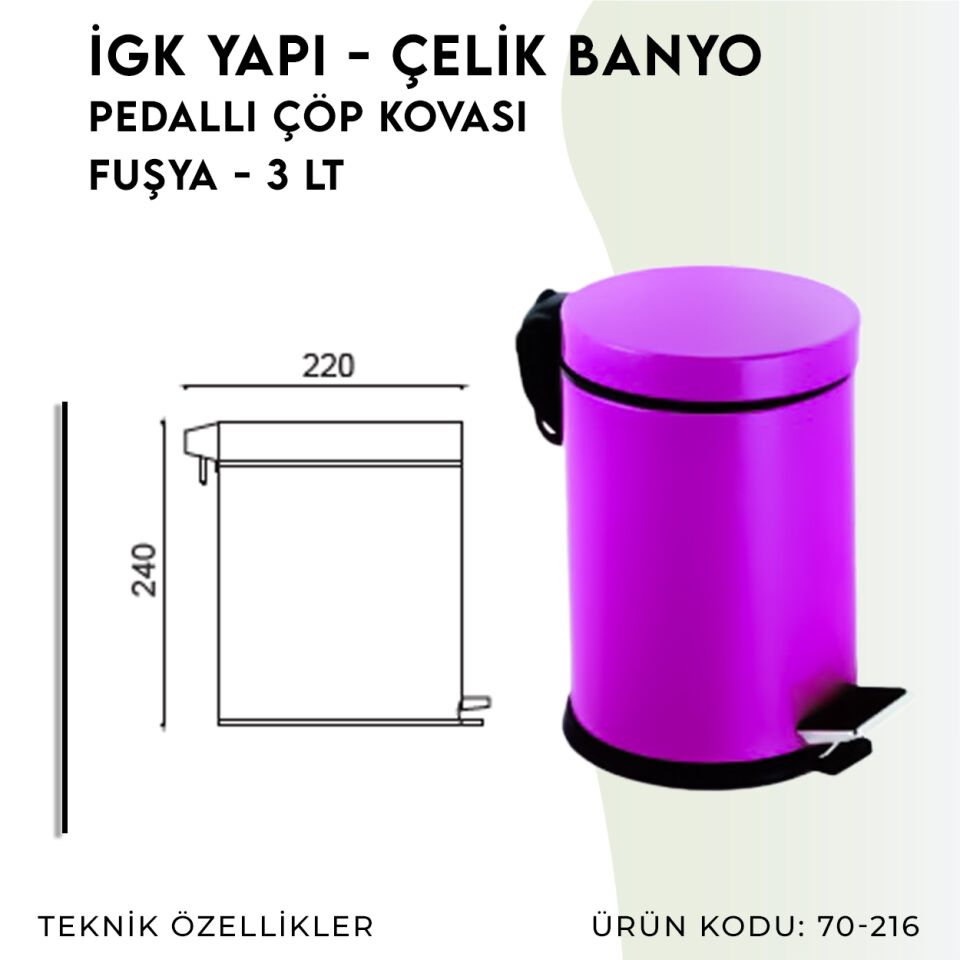 İGK YAPI - Çelik Banyo Pedallı Çöp Kovası 3lt Fuşya (70-216)