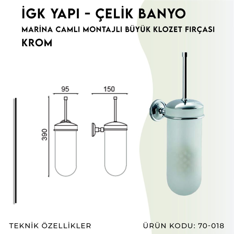 İGK YAPI - Çelik Banyo Marina Camlı Büyük Klozet Fırçası  (70-018)