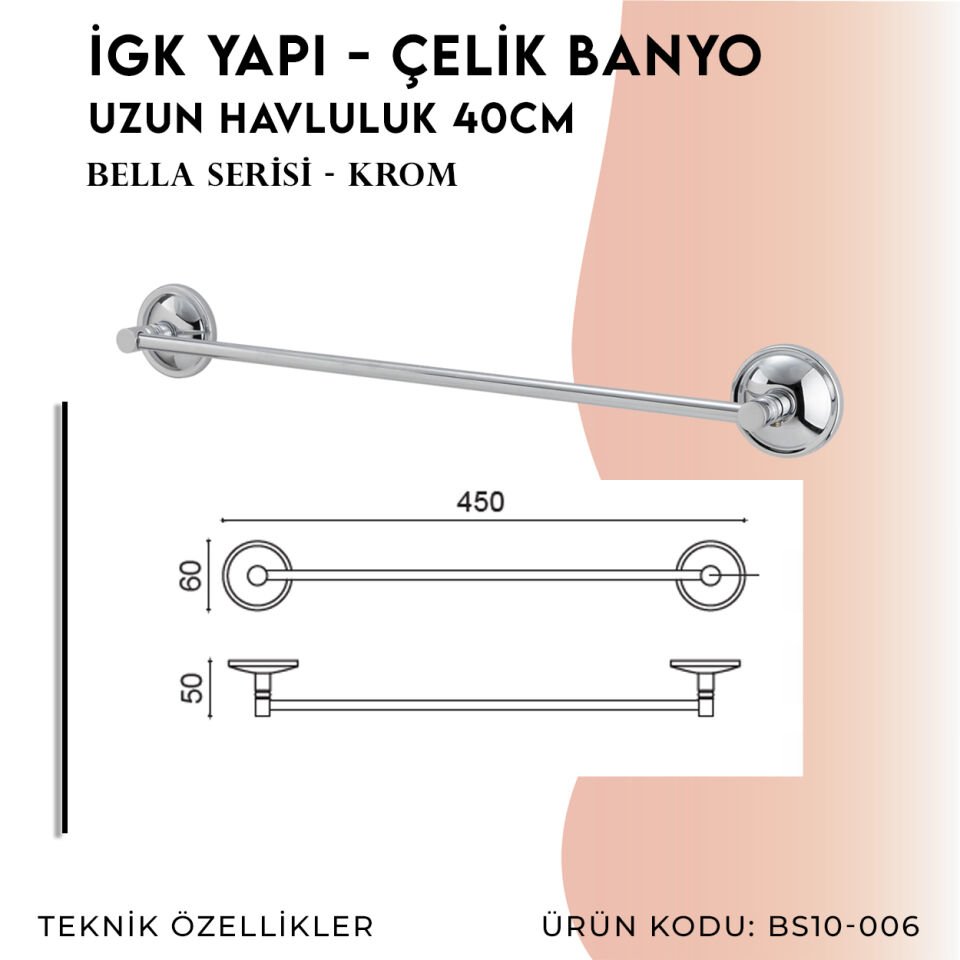 İGK YAPI - Çelik Banyo Bella Uzun Havluluk 40cm (BS10-006)