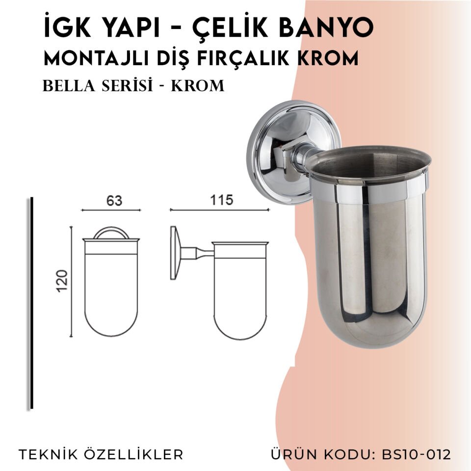 İGK YAPI - Çelik Banyo Bella Montajlı Diş Fırçalık Krom (BS10-012)