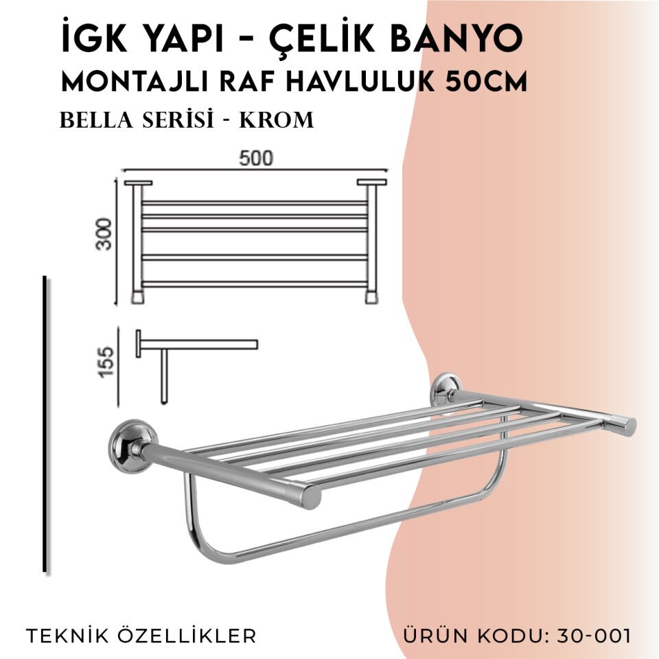 İGK YAPI - Çelik Banyo Bella Montajlı Raf Havluluk 50cm (30-001)