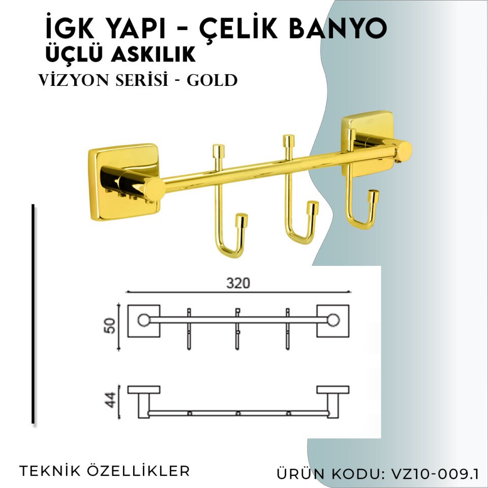 İGK YAPI - Çelik Banyo Vizyon Gold Üçlü Askılık (VZ10-009.1)