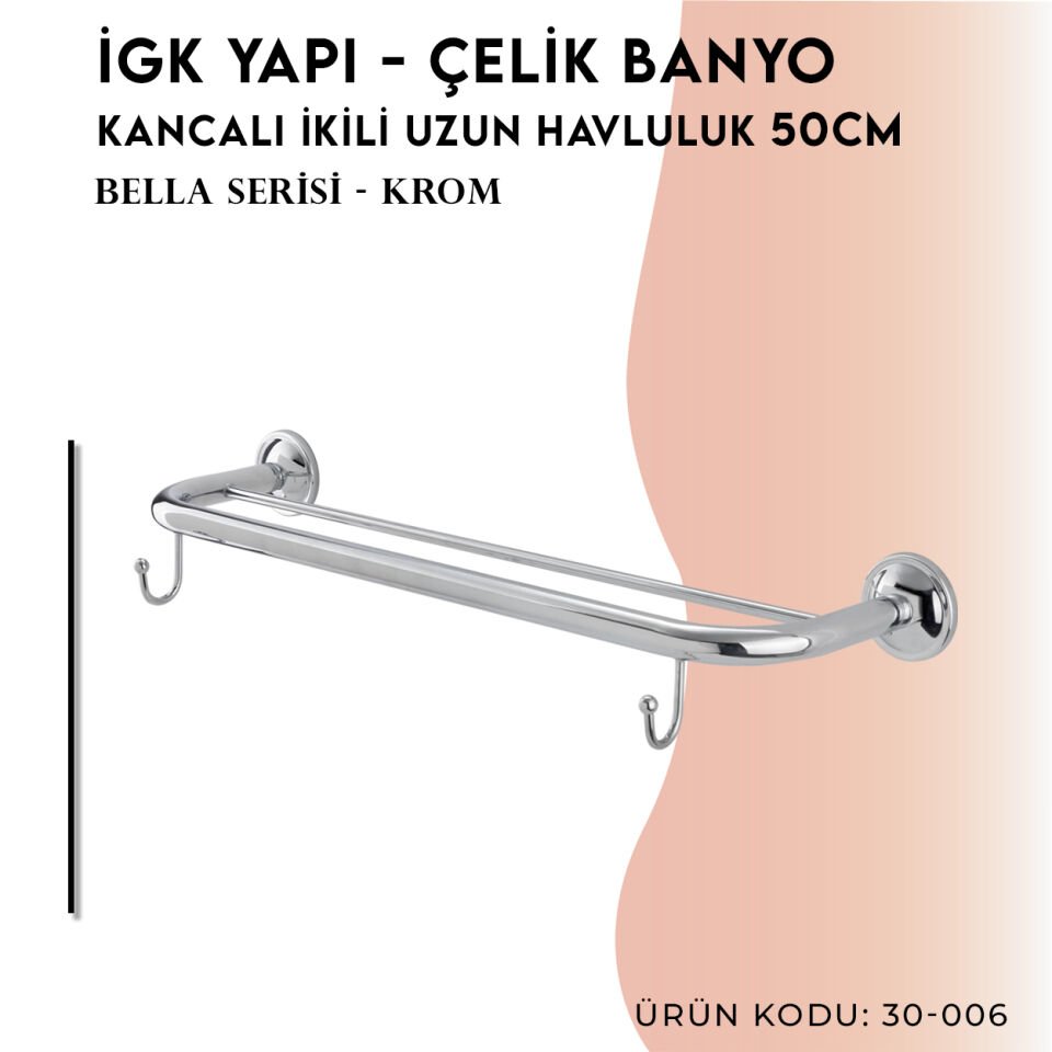İGK YAPI - Çelik Banyo Bella İkili Uzun Havluluk Kancalı 50cm (30-006)