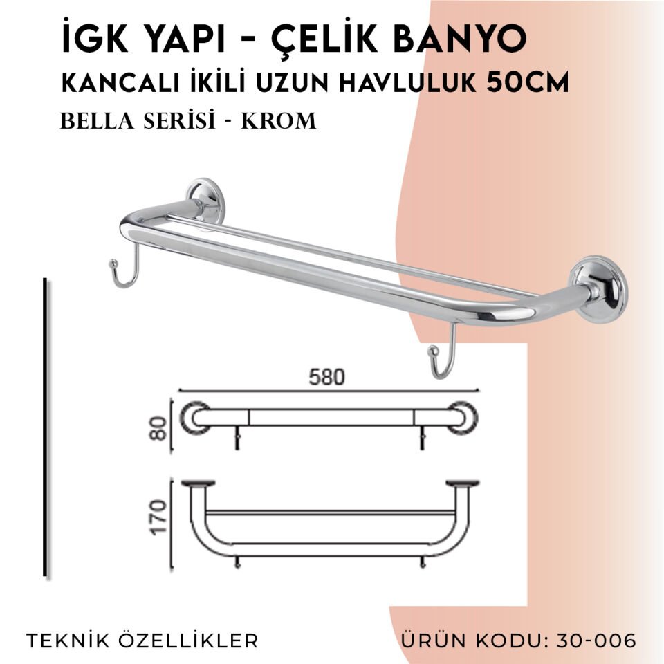 İGK YAPI - Çelik Banyo Bella İkili Uzun Havluluk Kancalı 50cm (30-006)