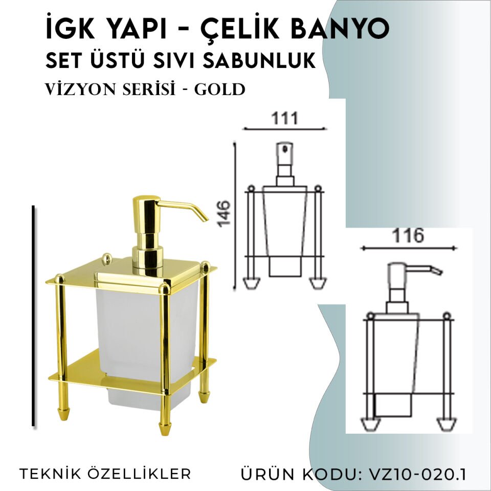 İGK YAPI - Çelik Banyo Vizyon Gold Set Üstü Sıvı Sabunluk (VZ10-020.1)