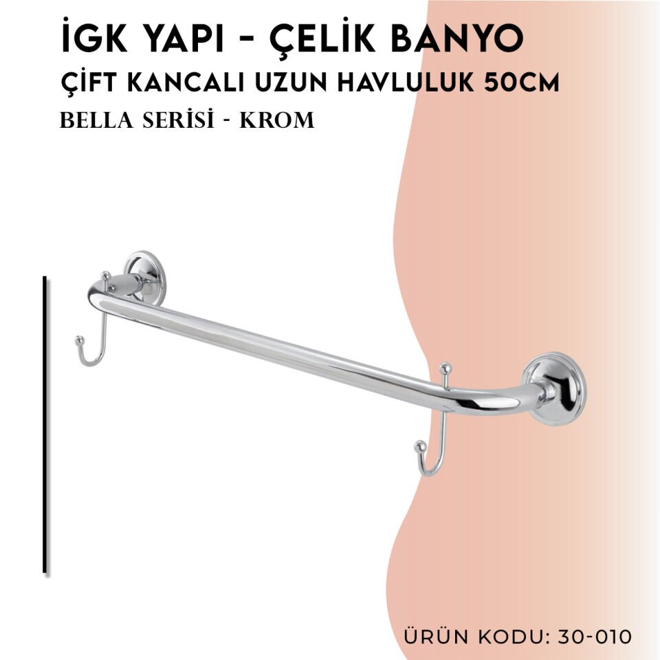 İGK YAPI - Çelik Banyo Bella Uzun Havluluk Çift Kancalı 50cm (30-010)