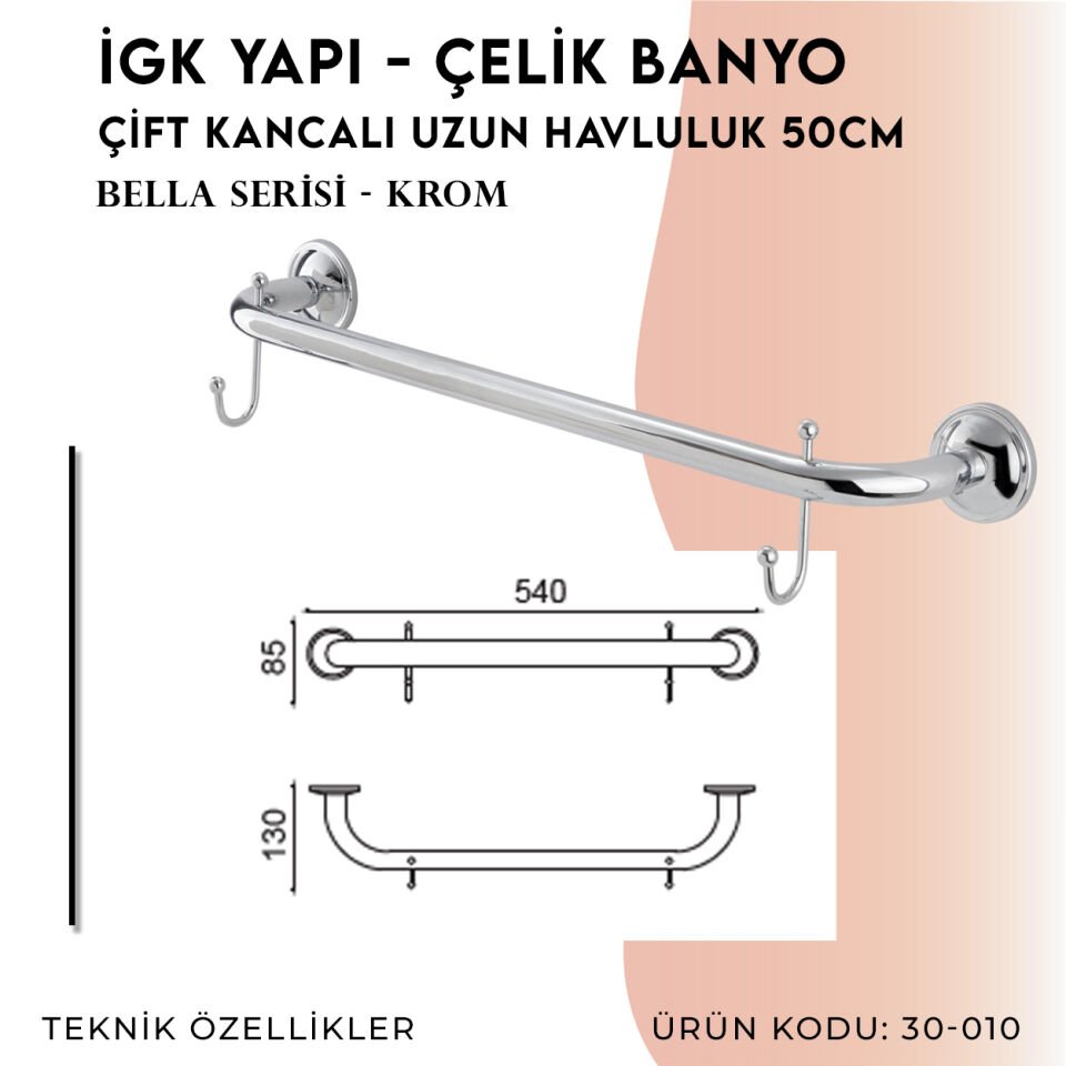 İGK YAPI - Çelik Banyo Bella Uzun Havluluk Çift Kancalı 50cm (30-010)