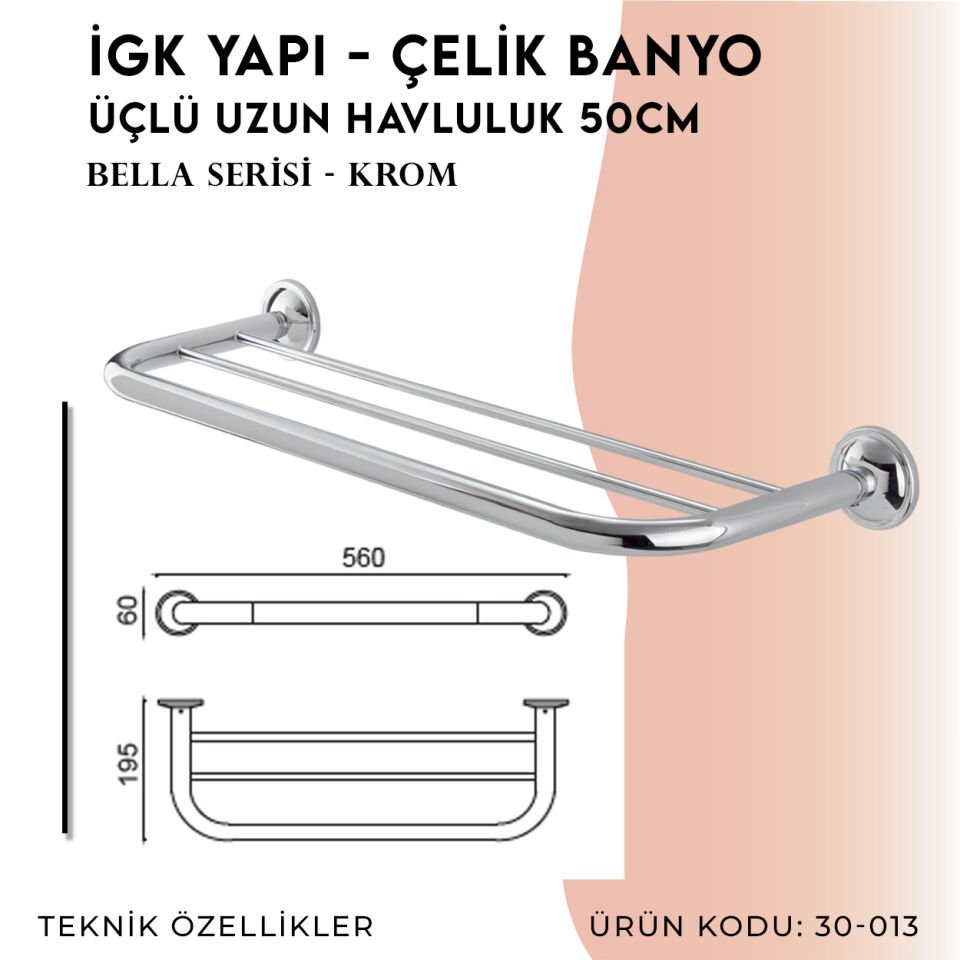 İGK YAPI - Çelik Banyo Bella Üçlü Uzun Havluluk 50cm (30-013)
