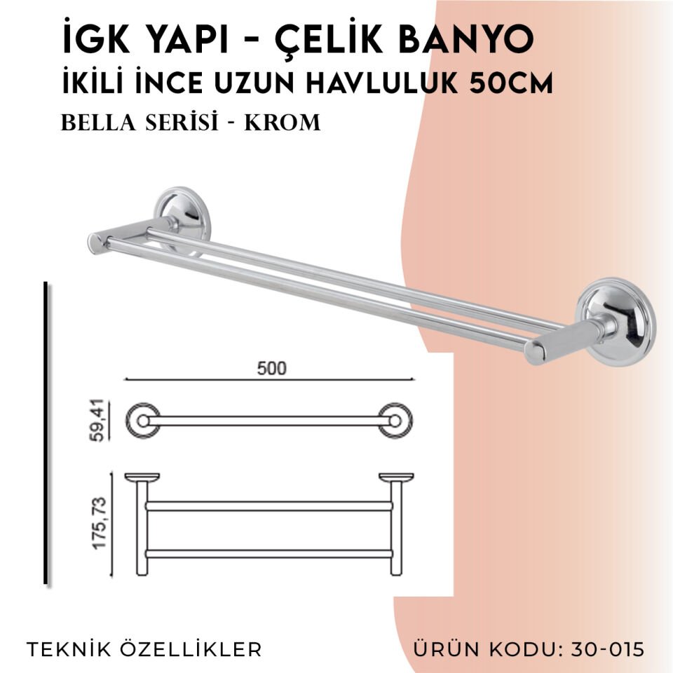 İGK YAPI - Çelik Banyo Bella İkili İnce Uzun Havluluk 50cm (30-015)