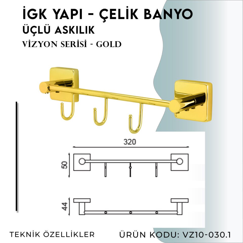 İGK YAPI - Çelik Banyo Vizyon Gold Üçlü Askılık (VZ10-030.1)