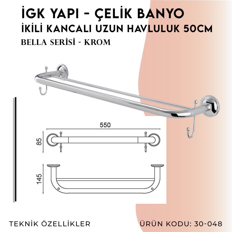 İGK YAPI - Çelik Banyo Bella İkili Uzun Kancalı Havluluk 50cm (30-048)