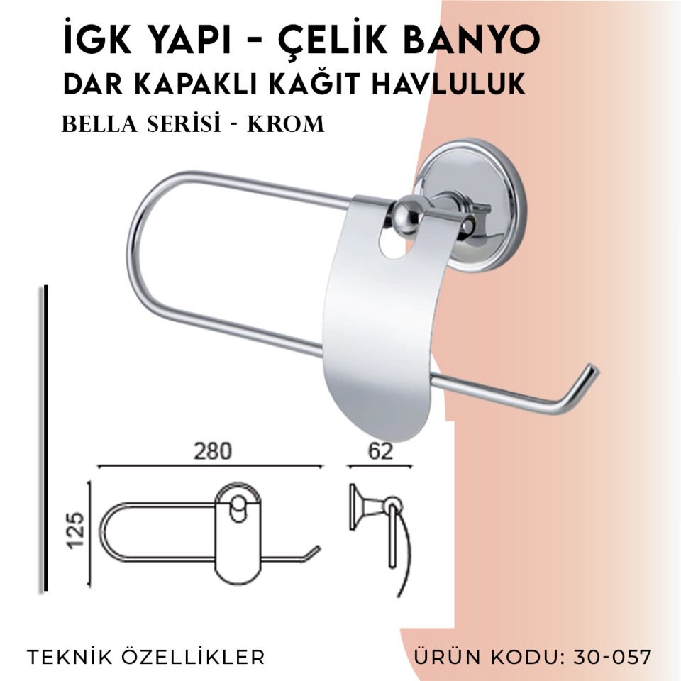 İGK YAPI - Çelik Banyo Bella Dar Kapaklı Kâğıt Havluluk (30-057)