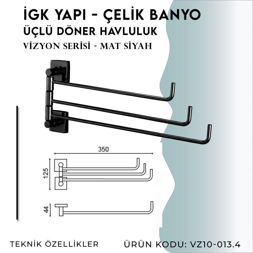 İGK YAPI - Çelik Banyo Vizyon Mat Siyah Üçlü Döner Havluluk (VZ10-013.4)