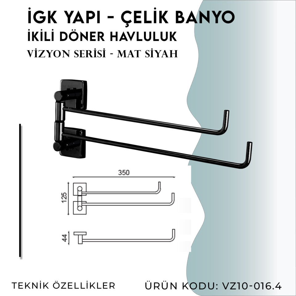 İGK YAPI - Çelik Banyo Vizyon Mat Siyah İkili Döner Havluluk (VZ10-016.4)