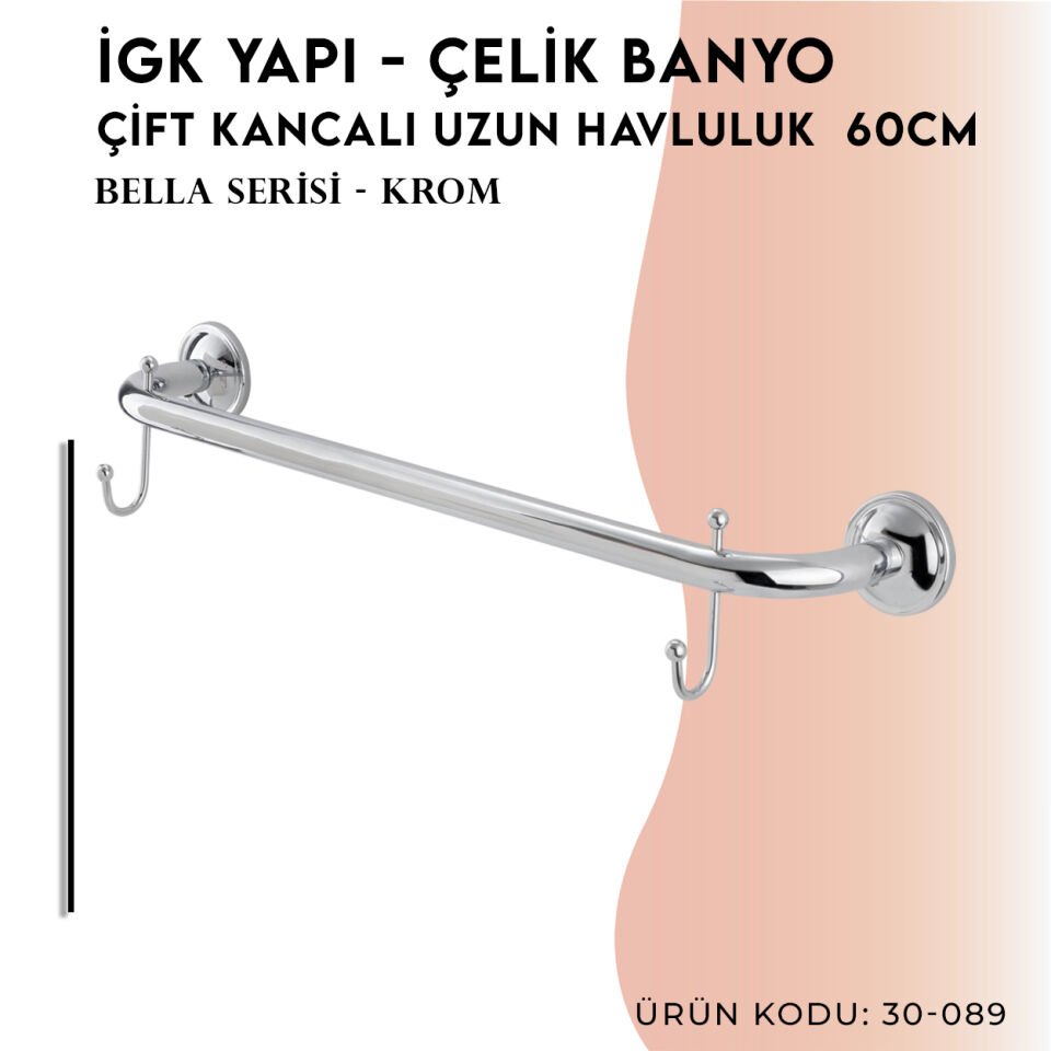 İGK YAPI - Çelik Banyo Bella Uzun Havluluk Çift Kancalı 60cm (30-089)