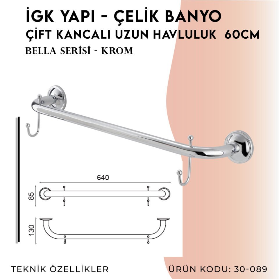 İGK YAPI - Çelik Banyo Bella Uzun Havluluk Çift Kancalı 60cm (30-089)