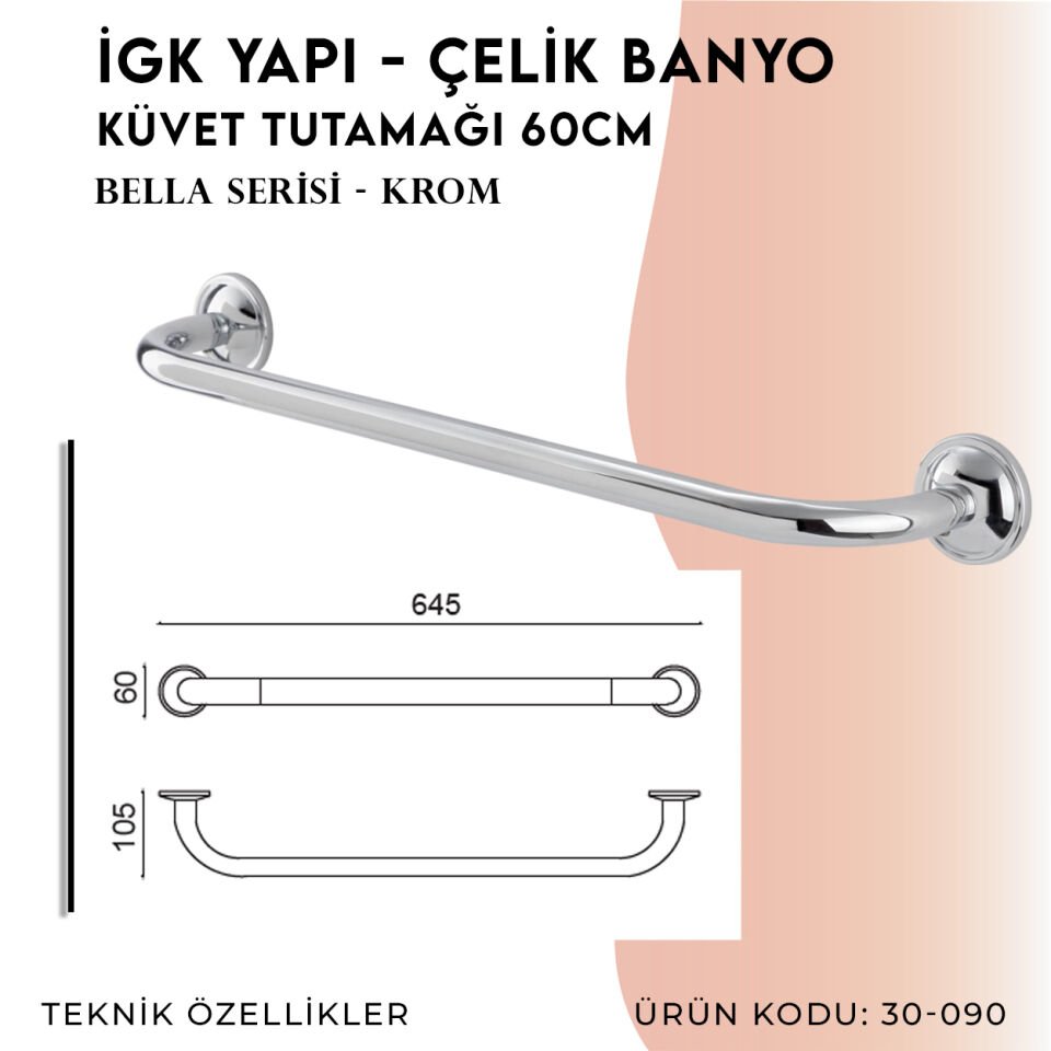 İGK YAPI - Çelik Banyo Bella Küvet Tutamağı 60cm (30-090)