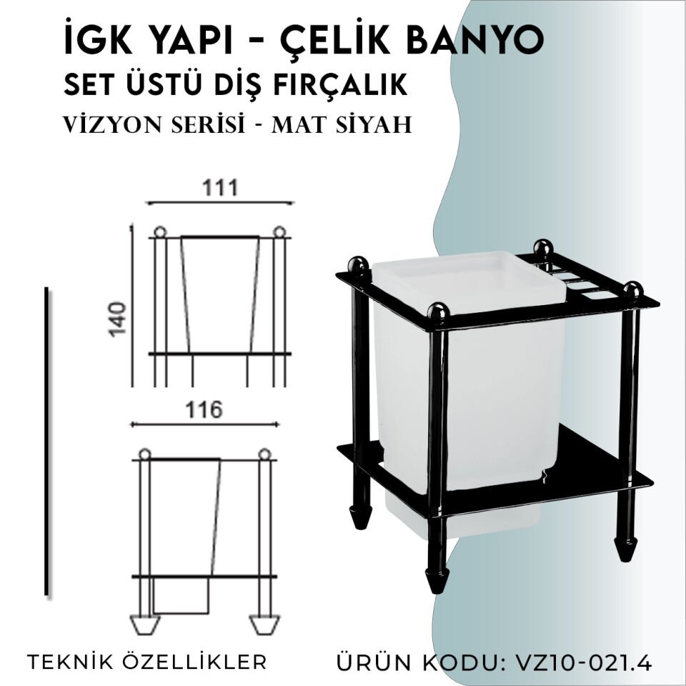 İGK YAPI - Çelik Banyo Vizyon Mat Siyah Set Üstü Diş Fırçalık (VZ10-021.4)