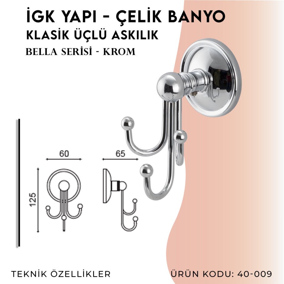 İGK YAPI - Çelik Banyo Bella Klasik Üçlü Askılık (40-009)