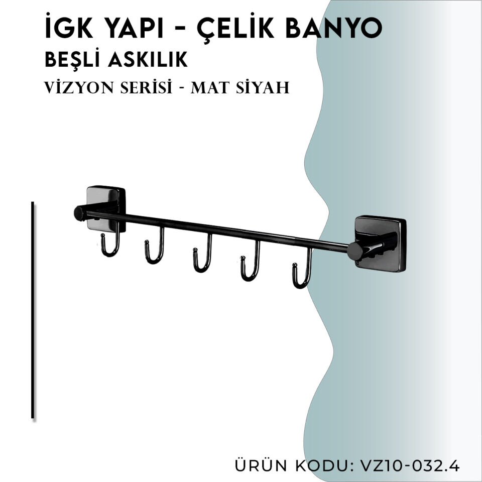 İGK YAPI - Çelik Banyo Vizyon Mat Siyah Beşli Askılık (VZ10-032.4)