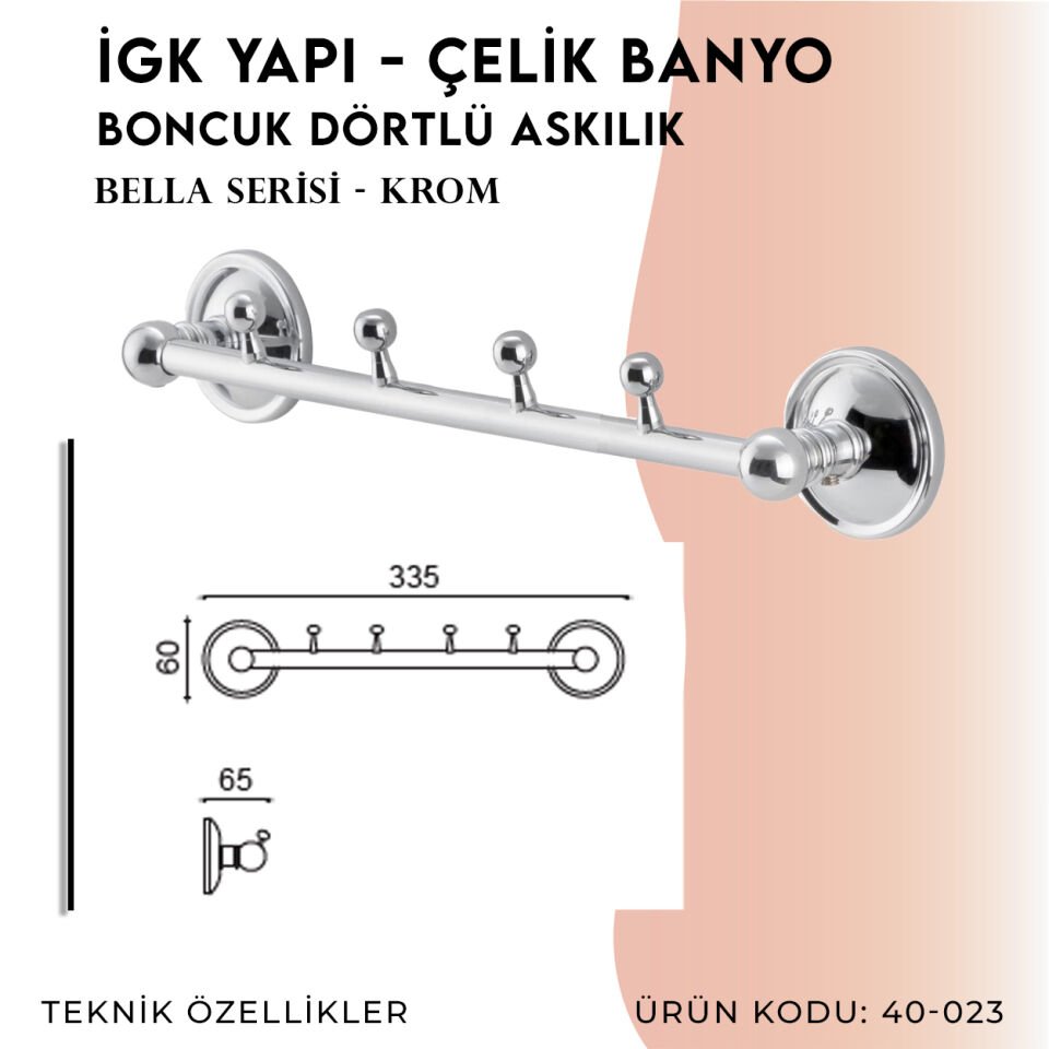 İGK YAPI - Çelik Banyo Bella Boncuk Dörtlü Askılık (40-023)