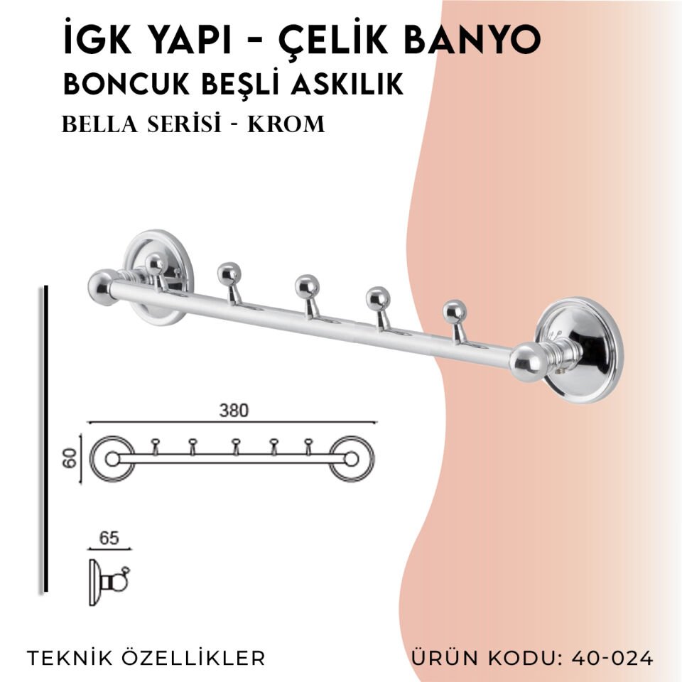 İGK YAPI - Çelik Banyo Bella Boncuk Beşli Askılık (40-024)