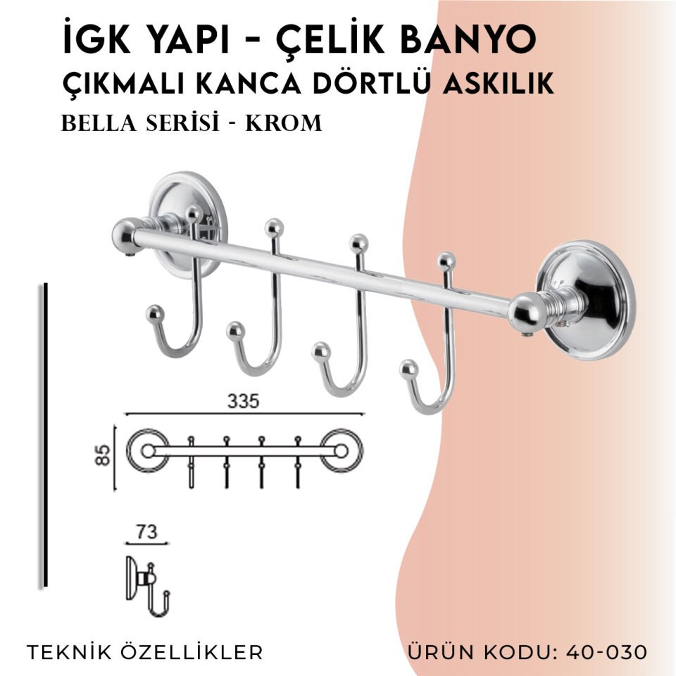 İGK YAPI - Çelik Banyo Bella Çıkmalı Kanca Dörtlü Askılık (40-030)