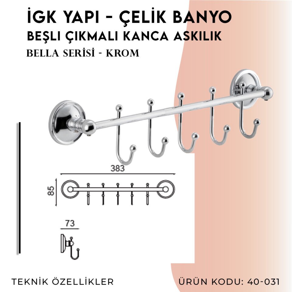 İGK YAPI - Çelik Banyo Bella Çıkmalı Kanca Beşli Askılık (40-031)