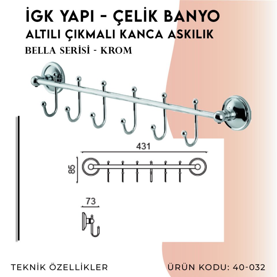 İGK YAPI - Çelik Banyo Bella Çıkmalı Kanca Altılı Askılık (40-032)