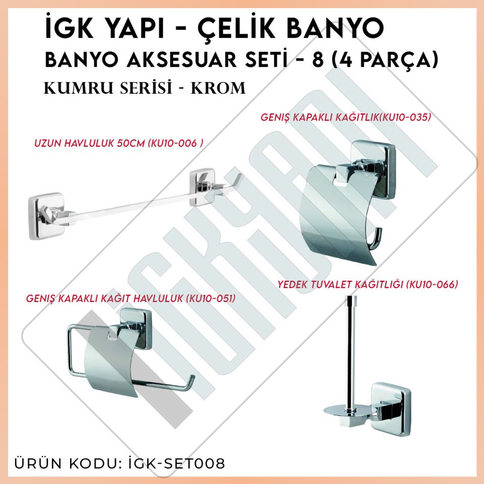 İGK YAPI - Çelik Banyo Kumru Banyo Aksesuar Seti -8(4 Parça)